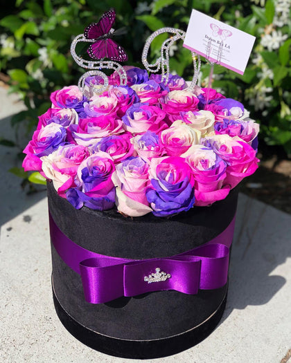 Black Velvet Box with Multicolor Roses (Pink+White+Purple)