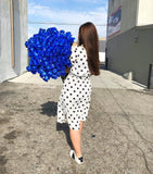 Our Blue Rose Bouquet is a hand-crafted bouquet with a simple ribbon around it and Royal Blue long stem roses.   The one in the picture has approximately 125 roses. 