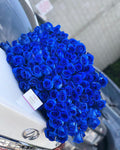 Our Blue Rose Bouquet is a hand-crafted bouquet with a simple ribbon around it and Royal Blue long stem roses.   The one in the picture has approximately 125 roses. 