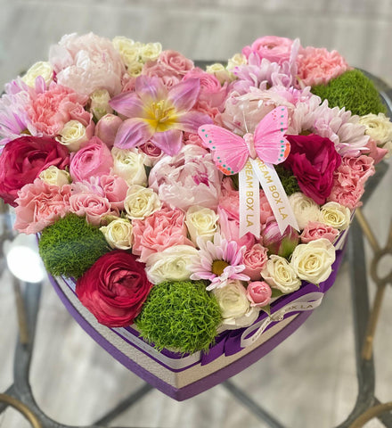 Purple Heart Box With Mixed Flowers